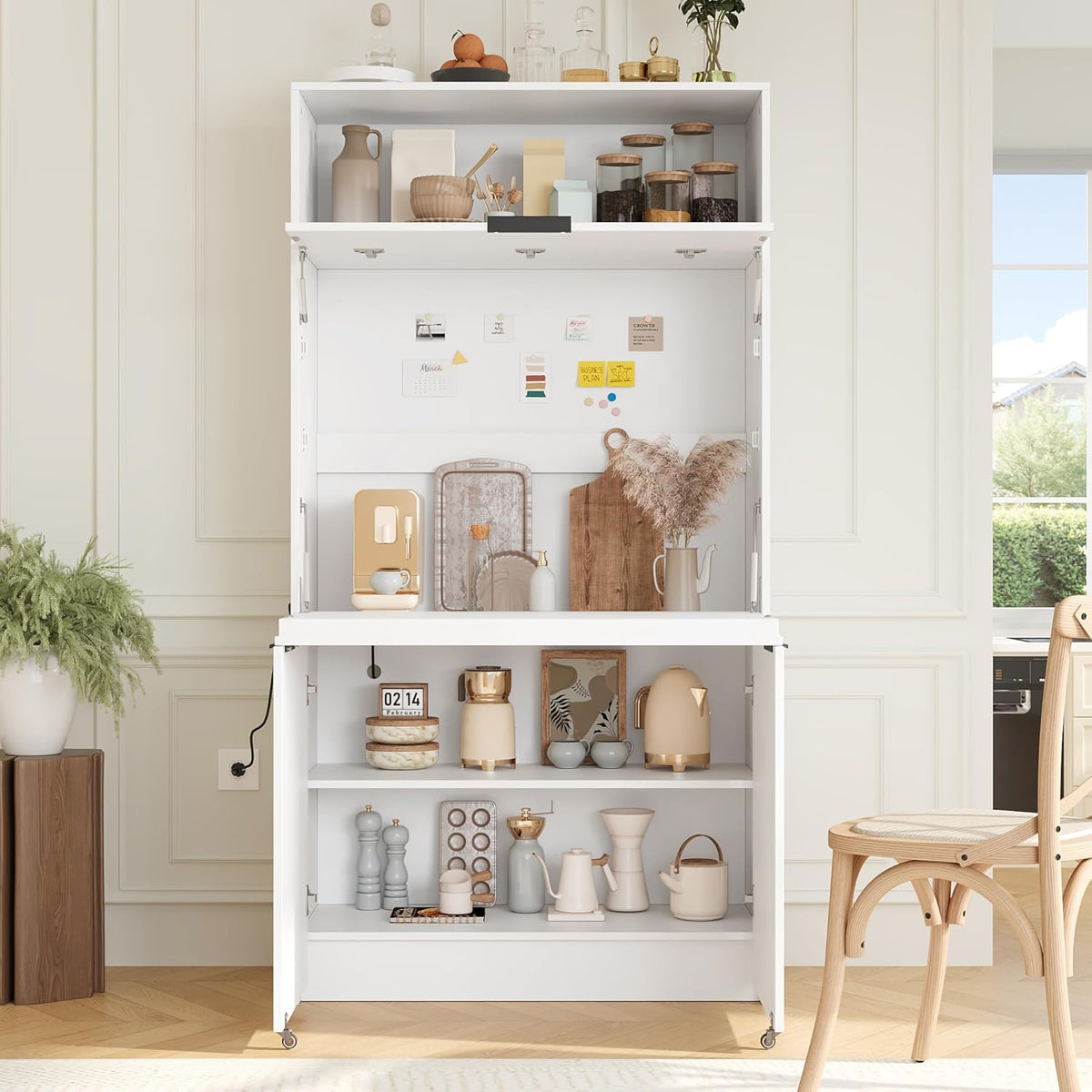 Tall Pantry Cabinet with Power Outlet, Multifunctional Cupboard with Adjustable Shelf, Hutch and Foldable Workstation for Dining Room, Living Room (White)