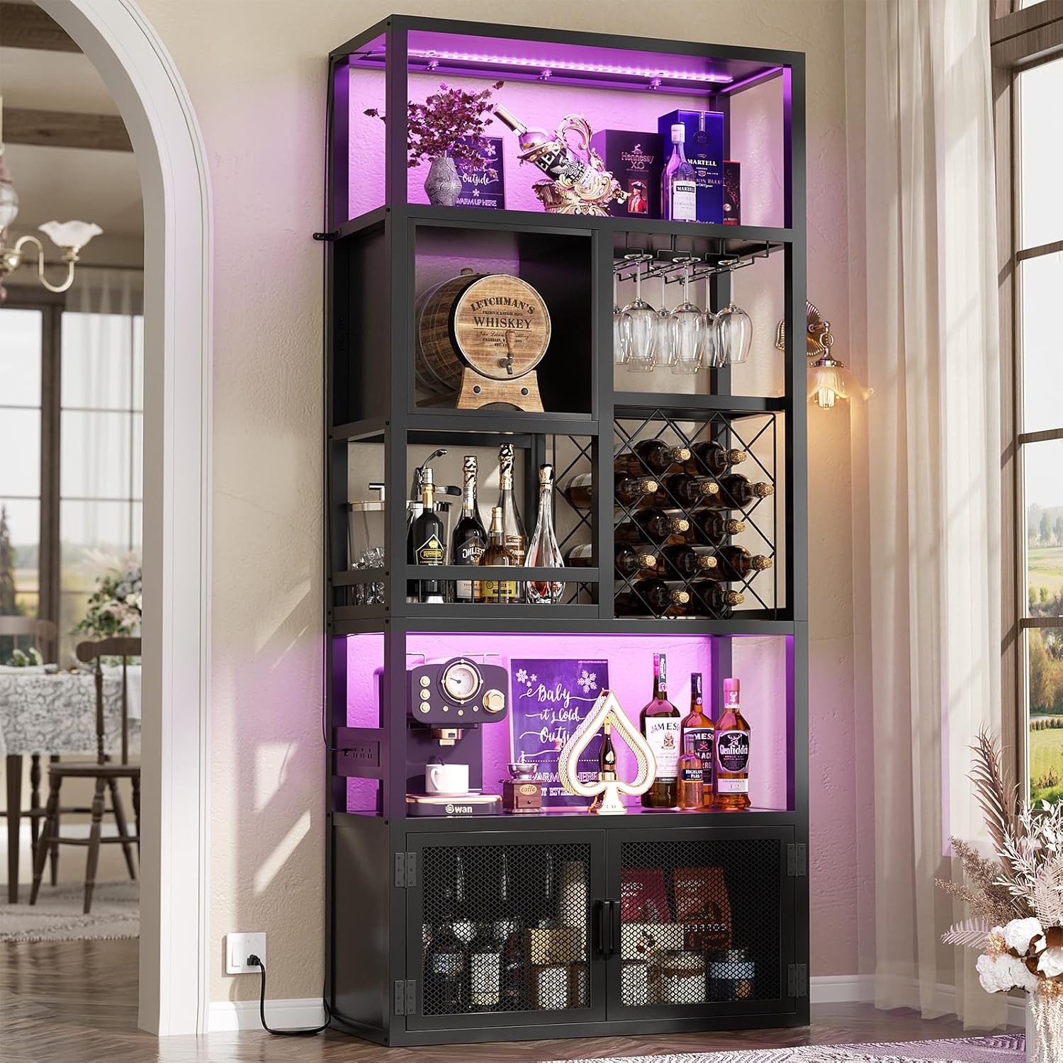 Armocity 82.6" Tall Bar Cabinet with Power Outlets & LED Lights, Liquor Cabinet Bar for Home, Reversible Coffee Station Wine Cabinet with Glass Holder & Wine Rack for Small Space, Black