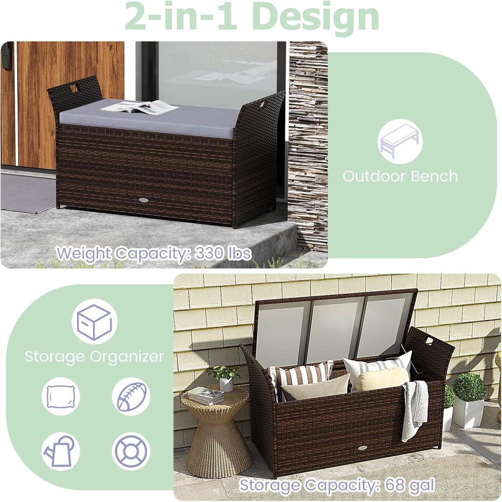RELAX4LIFE Wicker Outdoor Storage Bench - 68 Gallon Rattan Deck Box w/Side Handles & Soft Cushion for Pillows, Garden Tools, Pool Accessories, Sports Equipment, Patio Bench with Storage for Porch
