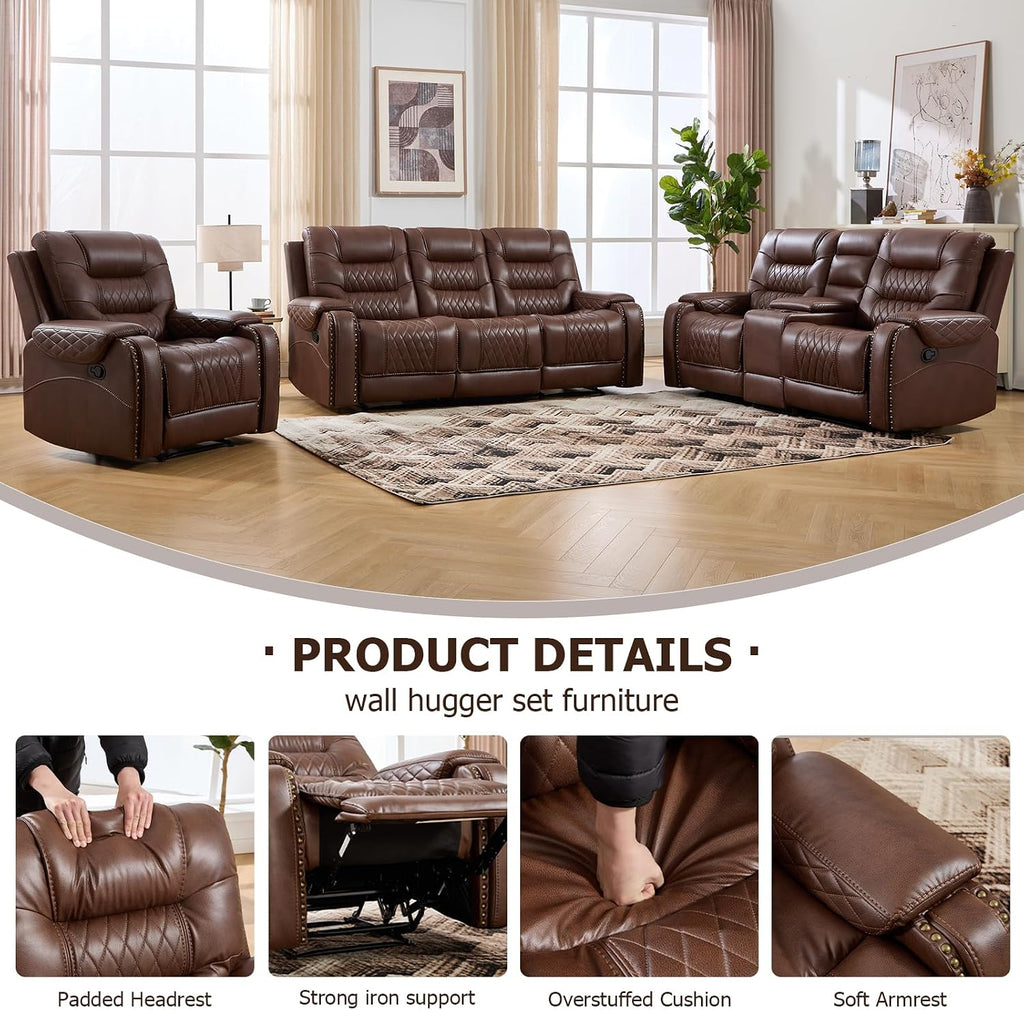 EBELLO 3PCS Faux Leather Recliner Sofa Furniture Set, Included Recliner Chair, Manual Loveseat and 3 Seat Reclining Sofa Couch, Vintage Rivet Mid-Century Modern Design for Living Room, Brown