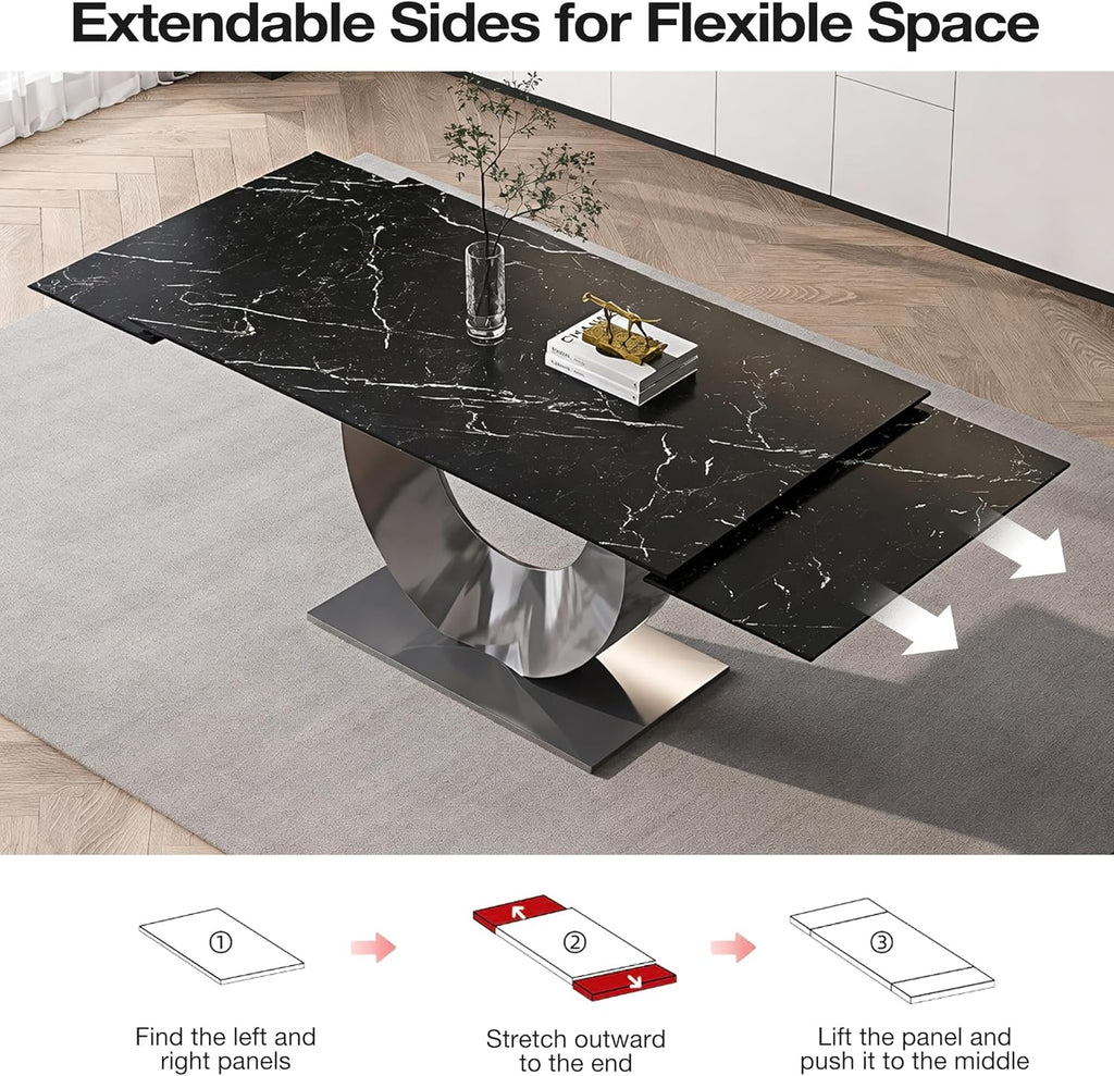 Modern Expandable Dining Table 62.99" to 94.48", 6-10" Marble Look Sintered Stone Rectangular Dining Table with Black Carbon Steel Crescent Legs, Save Dining Room Kitchen Space (Knight Black)