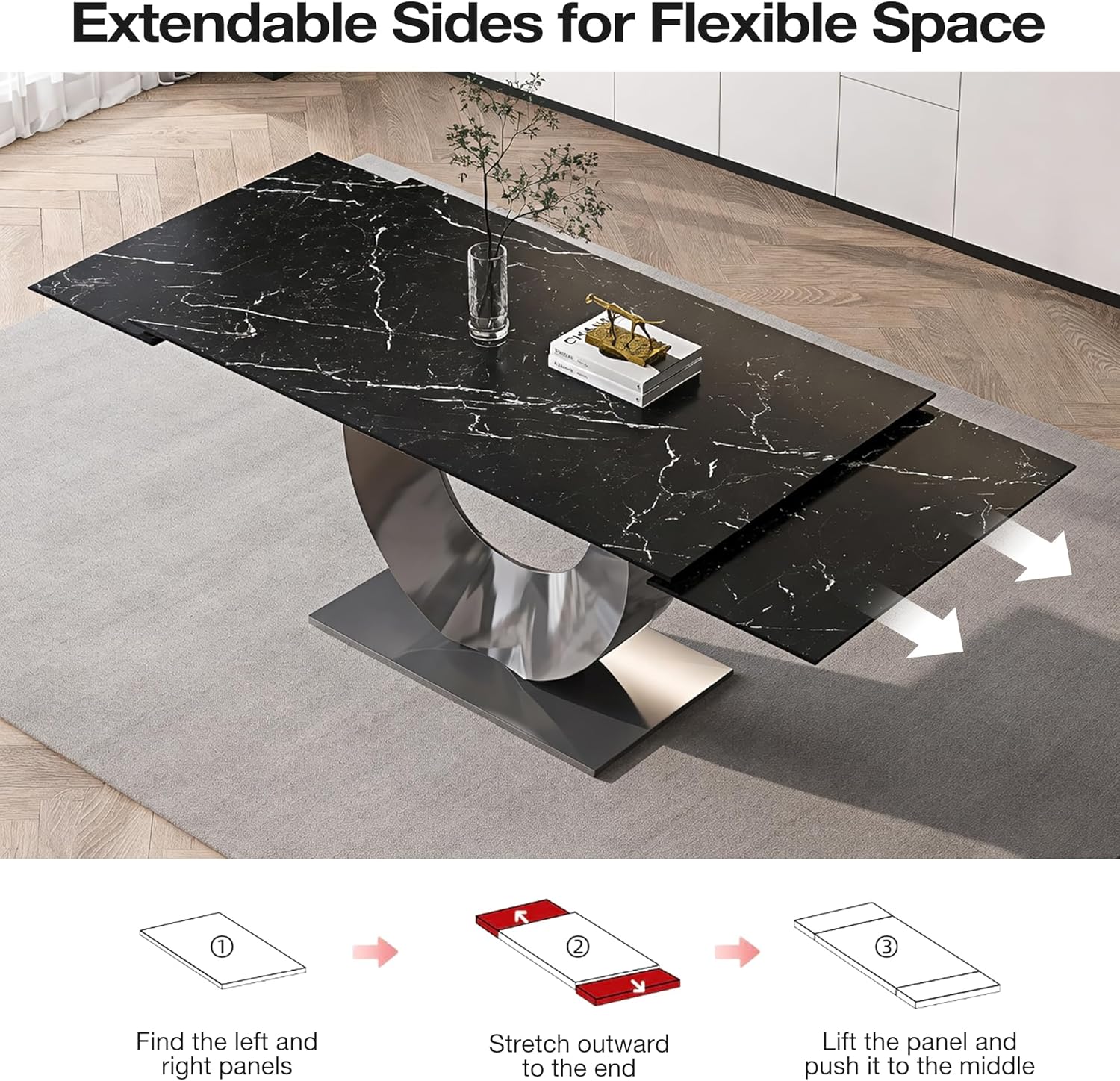 Modern Expandable Dining Table 62.99" to 94.48", 6-10" Marble Look Sintered Stone Rectangular Dining Table with Black Carbon Steel Crescent Legs, Save Dining Room Kitchen Space (Knight Black)