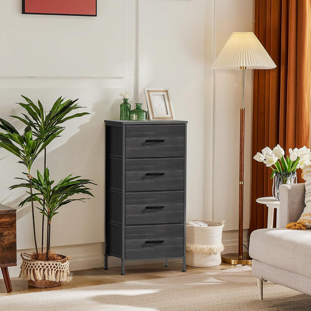 DUMOS Nightstand with 4 Drawers Bedside Table with Removable Fabric Bins Sturdy Steel Frame Wood Top Organizer Furniture for Bedroom Closet Living Room