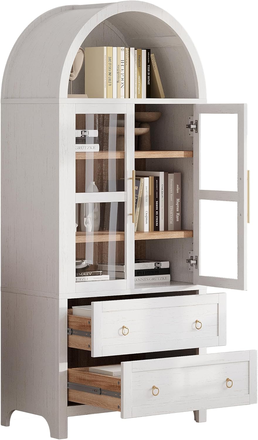 Merax 71" Tall Arched Farmhouse Pantry Cabinet with Glass Doors & 2 Large Drawers - Adjustable Shelves, Modern Kitchen Storage Cupboard for Dining Room, Living Room (30" W x 15.75" D), White