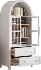 Merax 71" Tall Arched Farmhouse Pantry Cabinet with Glass Doors & 2 Large Drawers - Adjustable Shelves, Modern Kitchen Storage Cupboard for Dining Room, Living Room (30" W x 15.75" D), White
