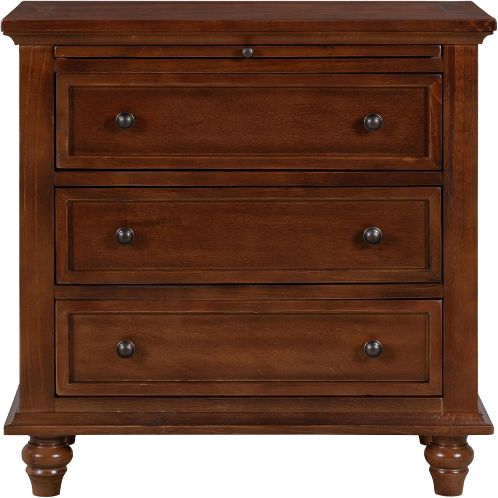 3-Drawer Storage Wood Cabinet, End Table Set of Two with Pull Out Tray,Nightstand with 4 Round Wood Legs,for Bedroom LivingRoom Office Study (Brown@3)