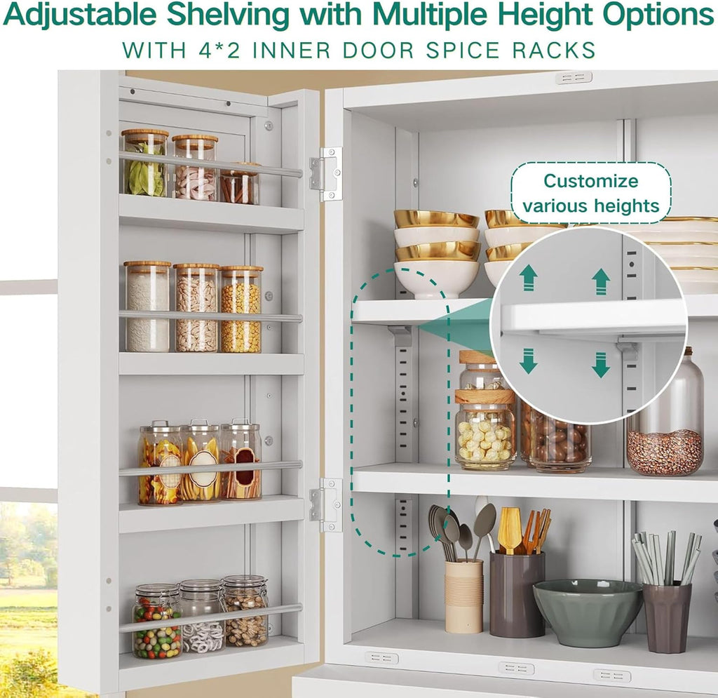 YITAHOME 71" Metal Kitchen Pantry Storage Cabinet with 4 Doors, 4 Adjustable Shelves, 1 Drawer and 8 Door Racks, Tall Freestanding Steel Cupboard for Home Kitchen Living Dining Room, White