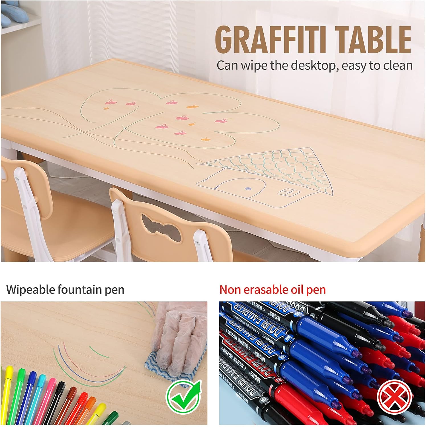 UNICOO Kids Table and Chairs, Height Adjustable Toddler Table and Chair Set with 4 Chairs, Graffiti Desktop, Classroom/Daycare/Home, Children Multi-Activity Table for Ages 2-8