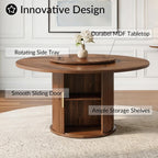 55.1 Inch Round Dining Table for 4-6, Modern Kitchen Table with Storage, Circle Dining Room Table with Wooden Pedestal Base for Living Room, Dining Room & Kitchen, Walnut