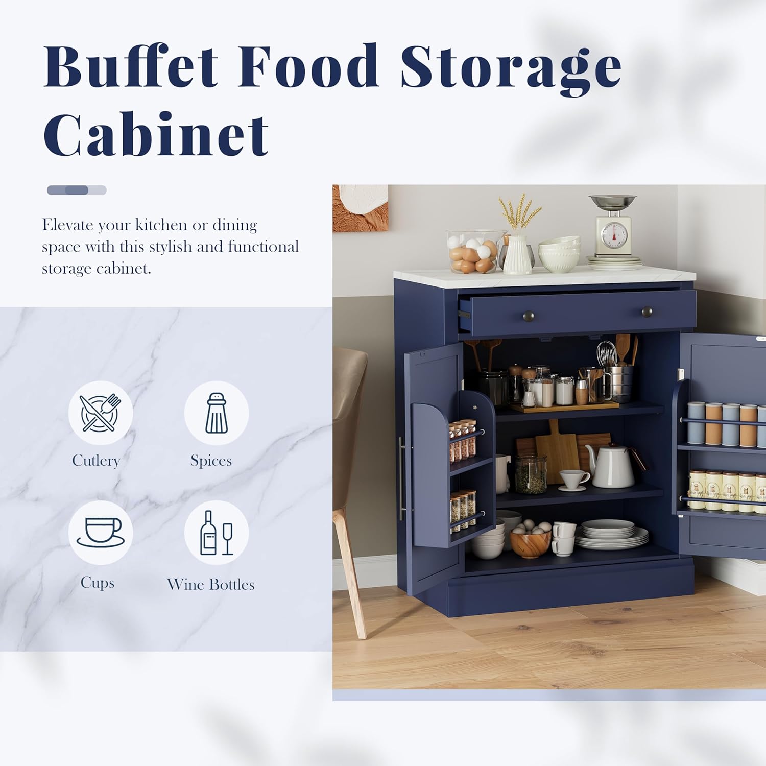 Merax Kitchen Pantry Storage Cabinet Freestanding Cupboard with Darwer, 2 Adjustable Shelves and 2 Door Shelves Coffee Bar Cabinet for Kitchen, Dining, Living Room, Blue x 2