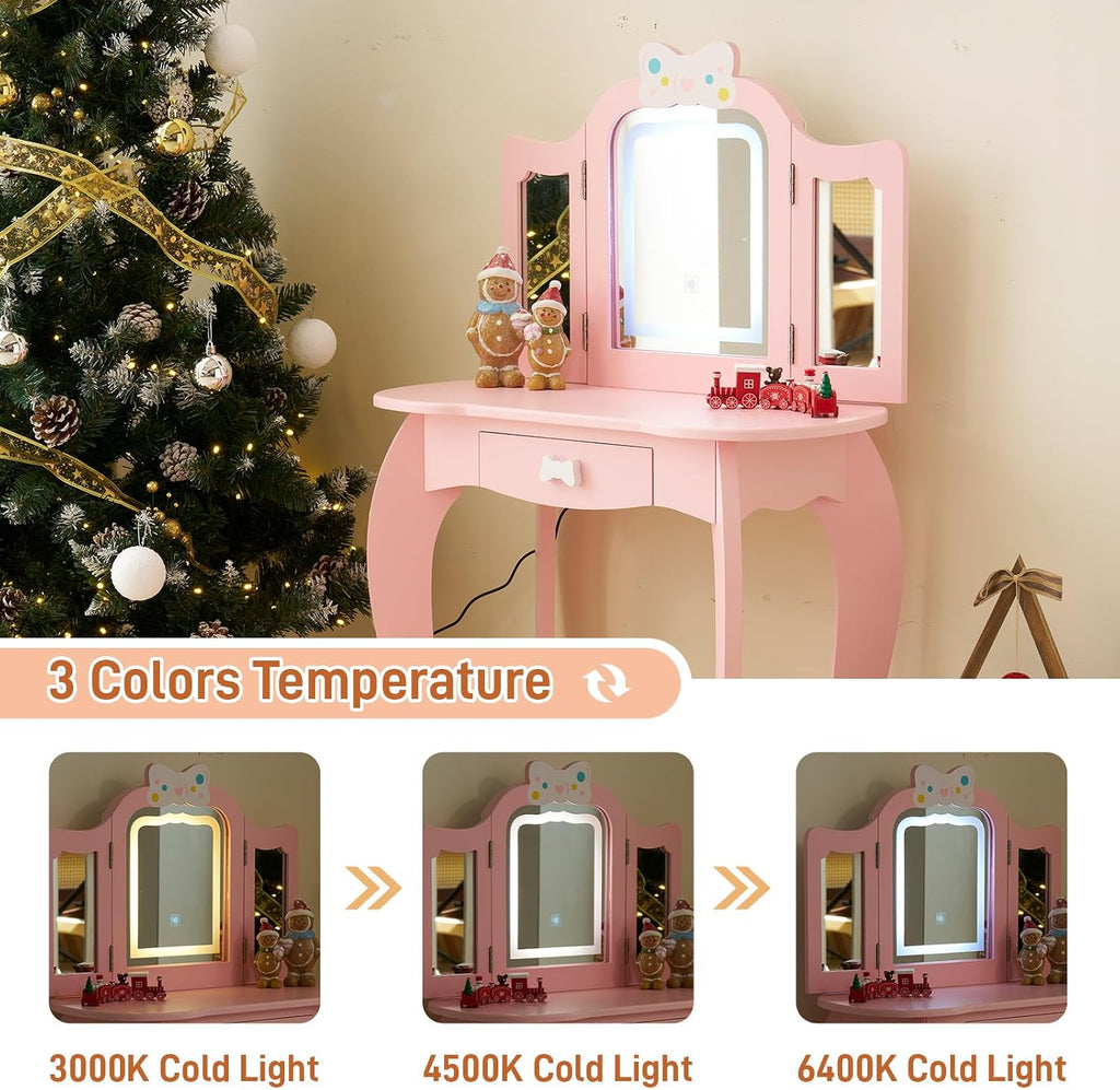 Vanity Set,ShyneeMakeup Dressing Vanity Set Wooden Princess Makeup Table with Cushioned Stool,Drawer,Wooden Legs and Mirror, Make Up Dressing Play Set for Girls (Pink Bow)