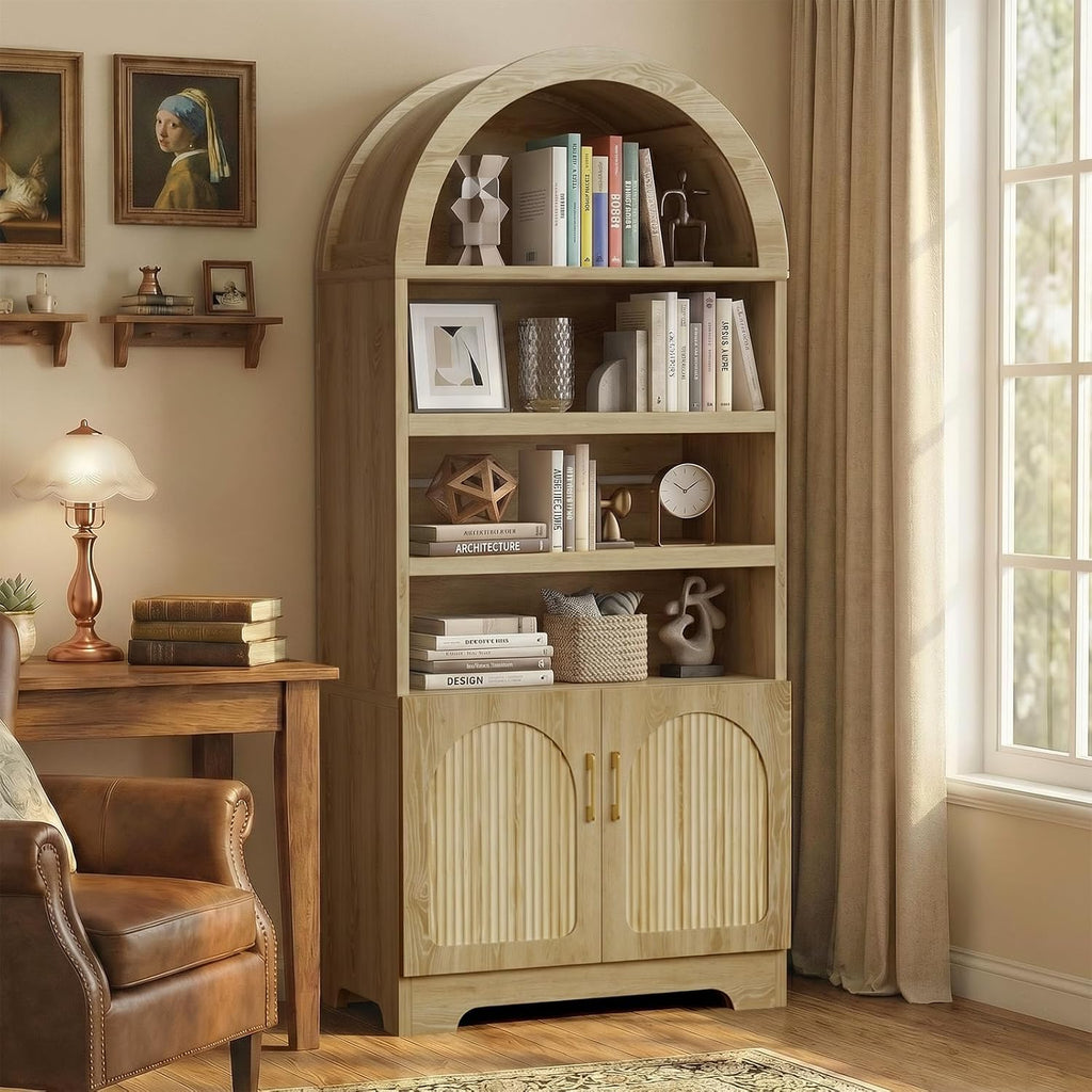 Bestier 71" Tall Arched Kitchen Pantry, Arched Cabinet with Doors, Modern Farmhouse Wood Kitchen Storage Cabinets with 3-Tier Adjustable Shelves, Cupboard for Living Room, Dining Room, Kitchen, Oak