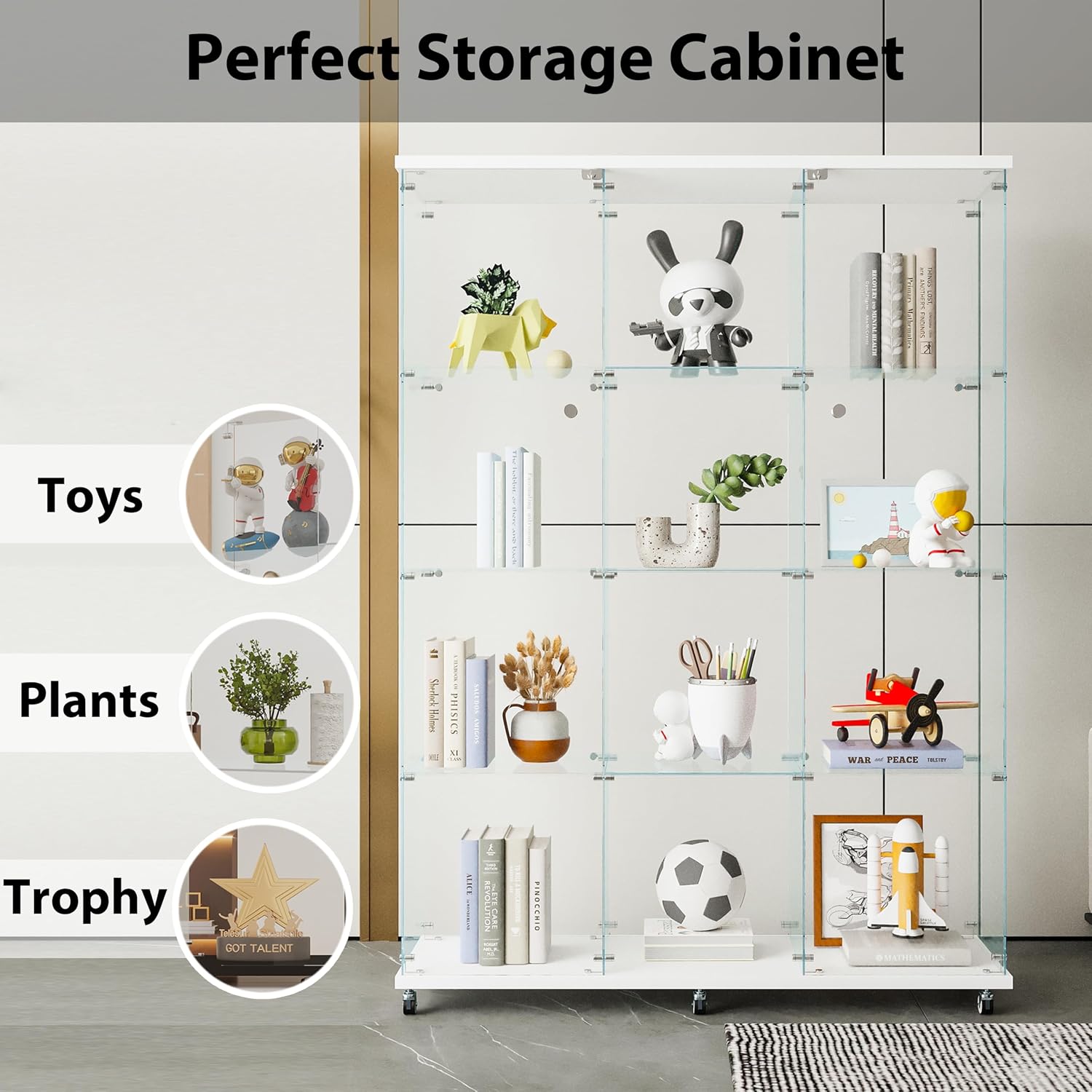 66.5" H 4-Shelf Extra Large Glass Display Cabinet with Double Doors,Modern Floor Standing Curio Cabinet Bookshelf Collection Display Case with Lockable Casters & Lock for Living Room (White)