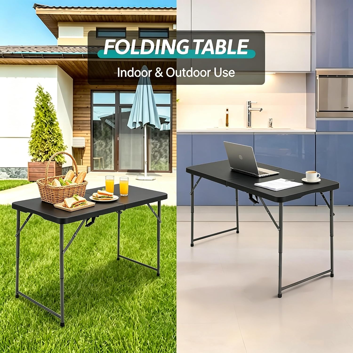 Dkeli Folding Table 4/6 Foot Indoor Outdoor Heavy Duty Plastic Table Portable Fold Up Desk Utility Camping Dining Party Table, Easy to Assemble, White (Black, 4 Foot)