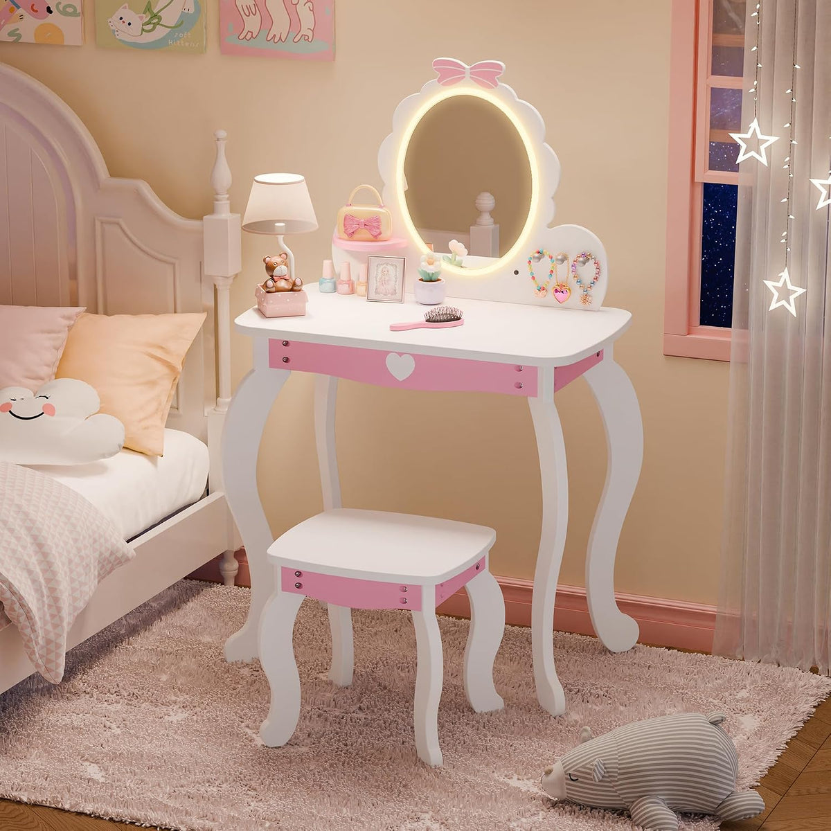 MU Kids Vanity Set with Lighted Mirror and Stool, Kids Makeup Vanity Desk with Storage Space, Bow Pattern for Girls, Toddler Princess Makeup Dressing Table with Chair Set, White