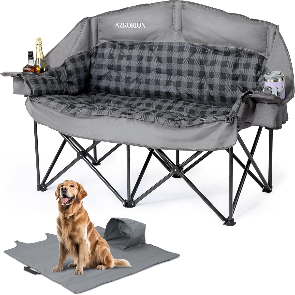 Oversized Double Camping Chair Heavy Duty Padded Double Folding Chair with Cup Holders & Carry Bag Foldable 2 Person Camping Chairs Outdoor Portable Couch for Lawn, Sports - Supports 900LBS Grey