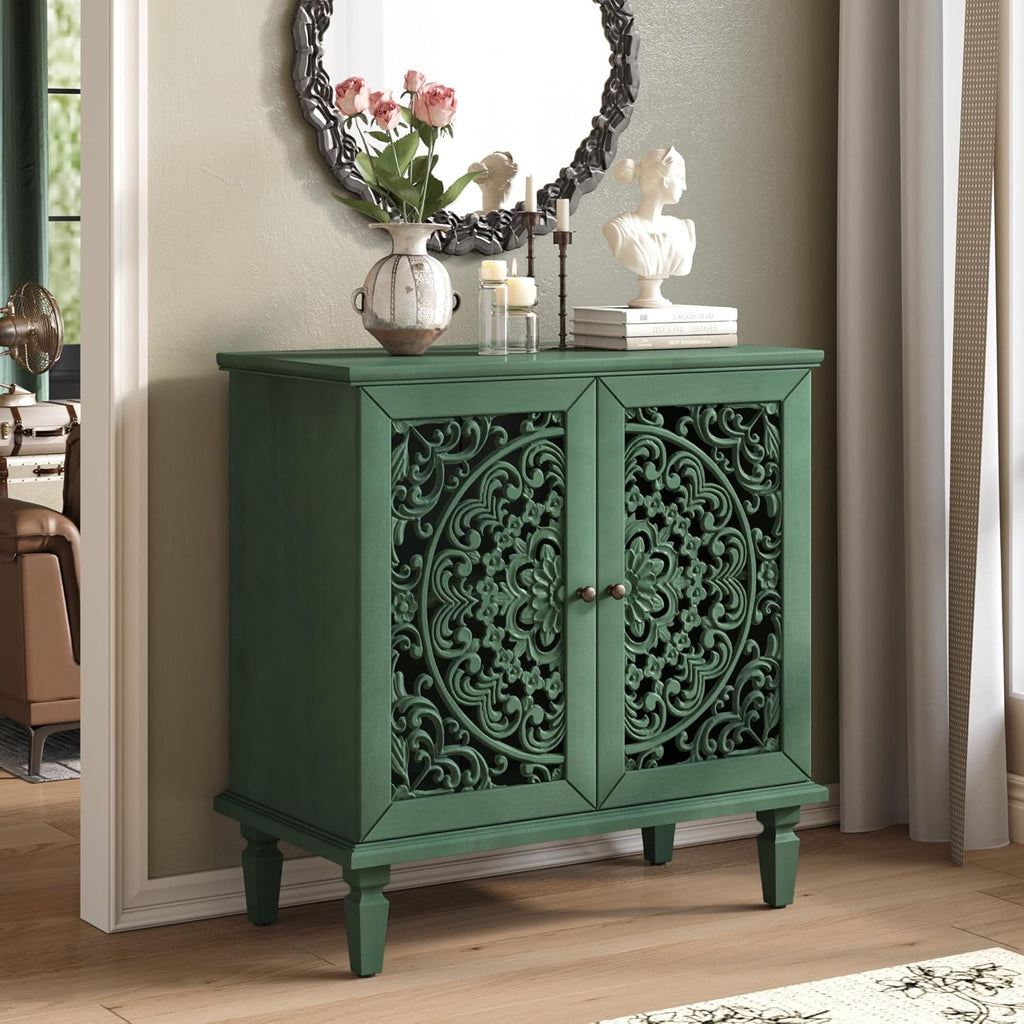 Sideboard Buffet Cabinet with Storage, Accent Cabinet with 2 Carved Doors and Adjustable Shelf, Farmhosue Console Table with Solid Wood Legs, Symmetrical Floral Design, Antique Green