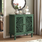 Sideboard Buffet Cabinet with Storage, Accent Cabinet with 2 Carved Doors and Adjustable Shelf, Farmhosue Console Table with Solid Wood Legs, Symmetrical Floral Design, Antique Green
