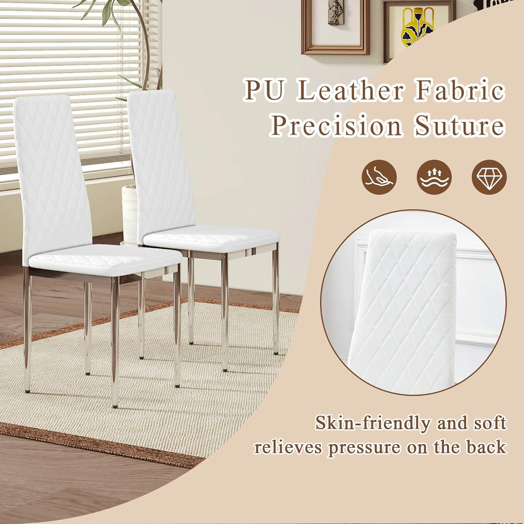 Modern Dining Chairs Set of 4, White PU Leather Kitchen Chairs, Upholstered High Back Chair with Silver Metal Legs for Kitchen, Dining Room, Restaurant
