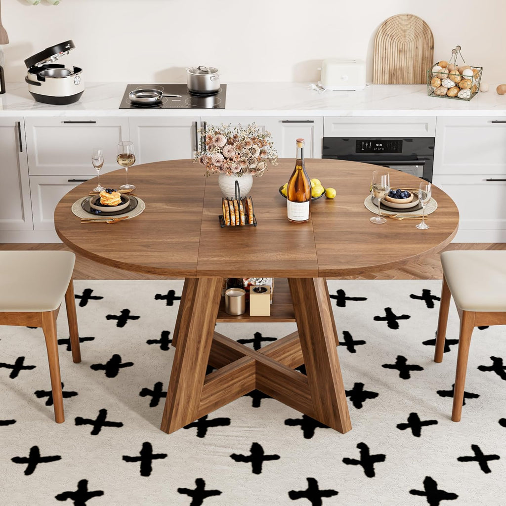 43.3in-59in Extendable Dining Table for 4-6, Round Kitchen Dining Room Table with Removable Leaves Space Saving, Space Saving, Wooden Cross Base with Storage Shelf for Kitchen Living Room (Walnut)