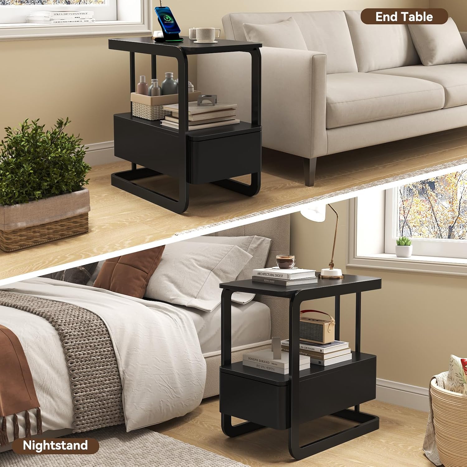 23.6" Tall Narrow Side Table with Drawer and Open Shelf – Modern End Table for Sofa, Couch & Small Spaces, Steel Frame, Lacquered Top, Nightstand for Bedroom, Living Room, Dorm, Black