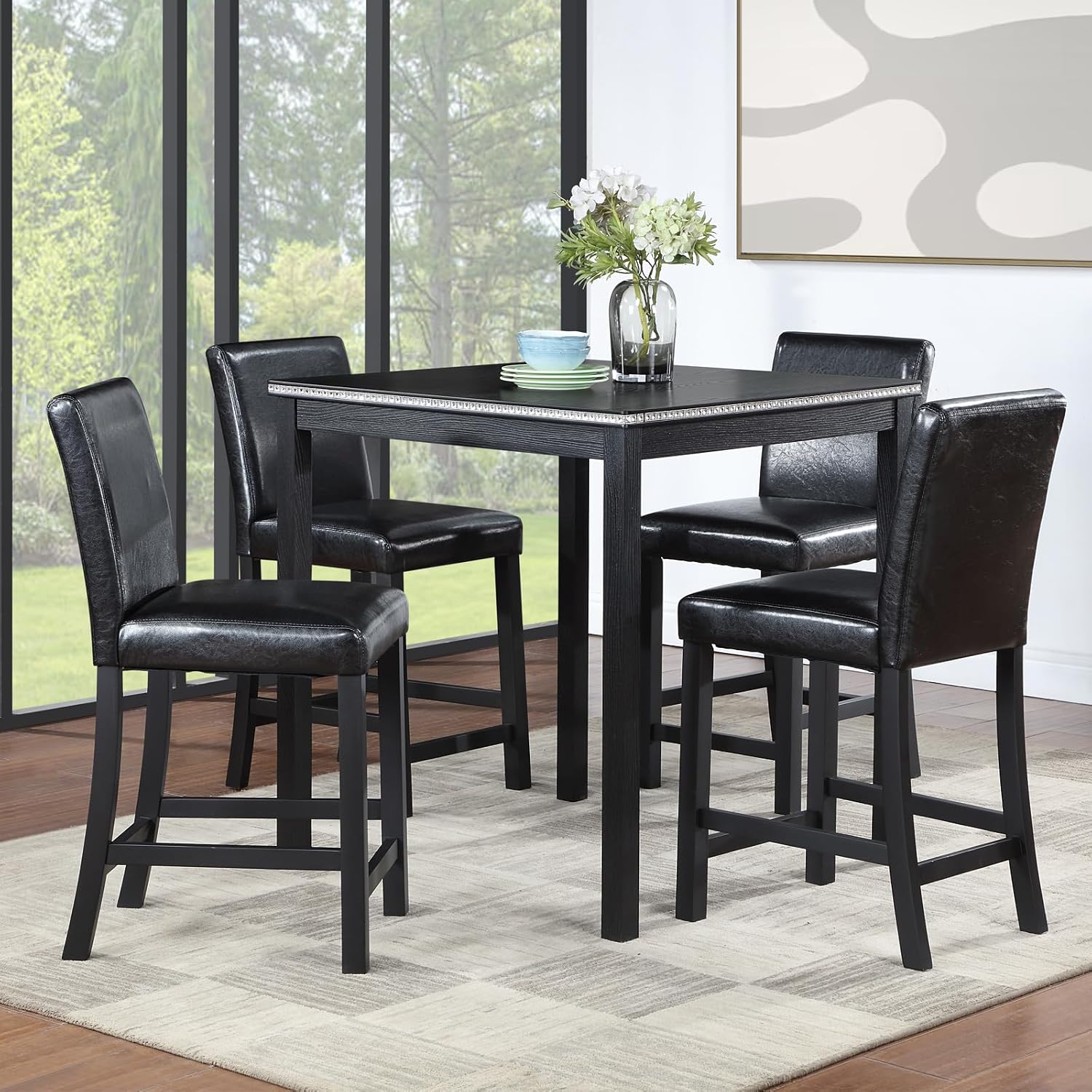 LUMISOL Dining Table Set for 4, Solid Wood Counter Height Kitchen Table Set with 4 Upholstered Chairs, Farmhouse Table and Chairs for Kitchen, Dining Room, Home Bar, Black