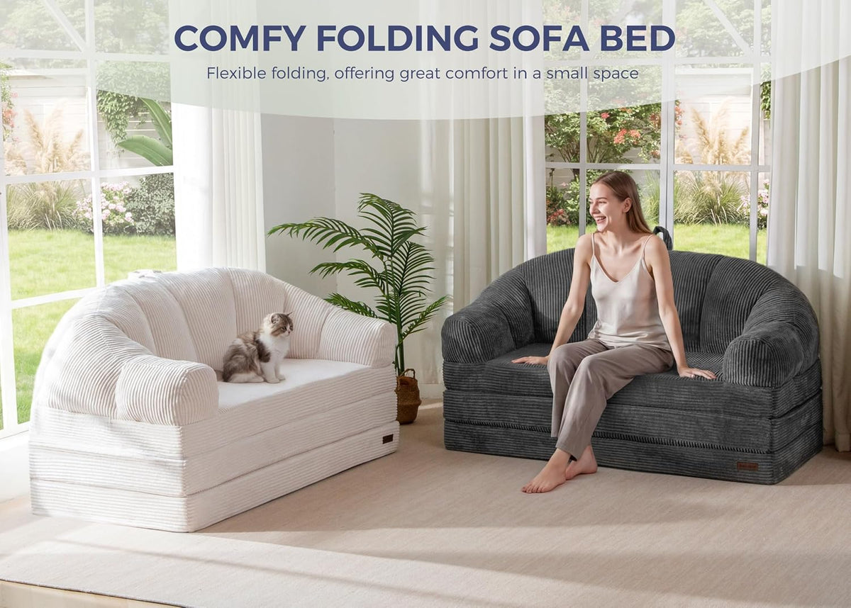 MAXYOYO Folding Sofa Bed with Backrest, Fold Out Couch with Handle | 2 in 1 Convertible Bean Bag Chair to Floor Sofa Lounger, Comfy Folding Couch for Bedroom & Living Room, Dark Grey, Loveseat