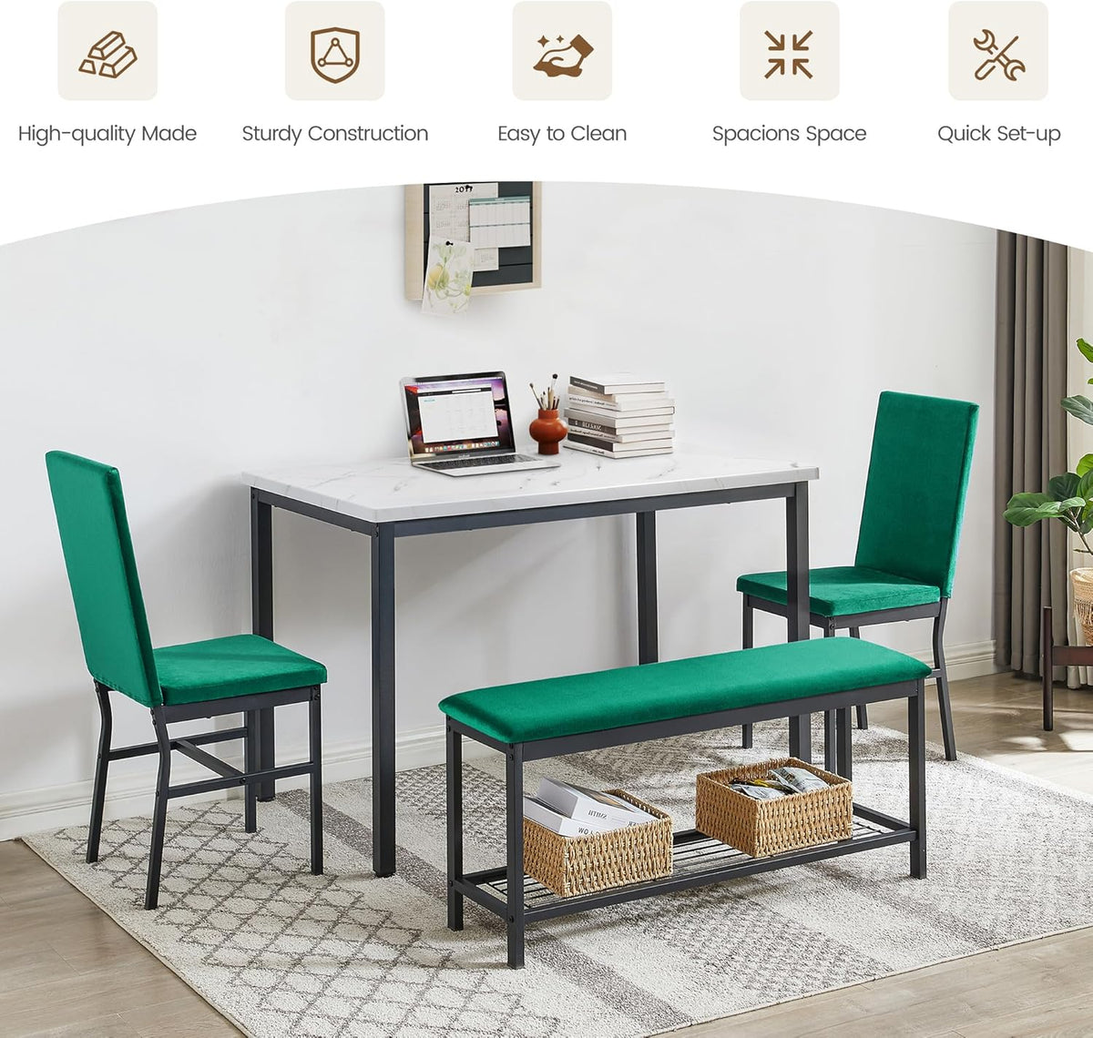 Dining Table Set for 4, 47.2" Faux Marble Kitchen Table Set with Upholstered Velvet Chairs and Bench, 4-Person Rectangular Space Saving Dinette Set for Apartment, Restaurant, Home (Green)