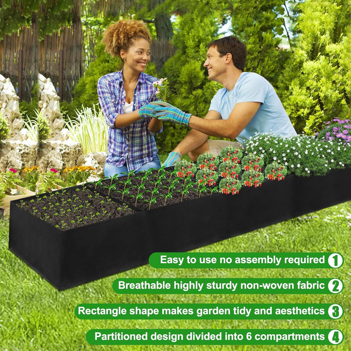 2Pack 12x2x1ft Fabric Raised Garden Bed - 6 Grids Plant Grow Bags, Outdoor Planter Box Non-Woven Fabric Patio Planting Bed Garden Grow Bed Bag for Growing Herbs, Flowers and Vegetables