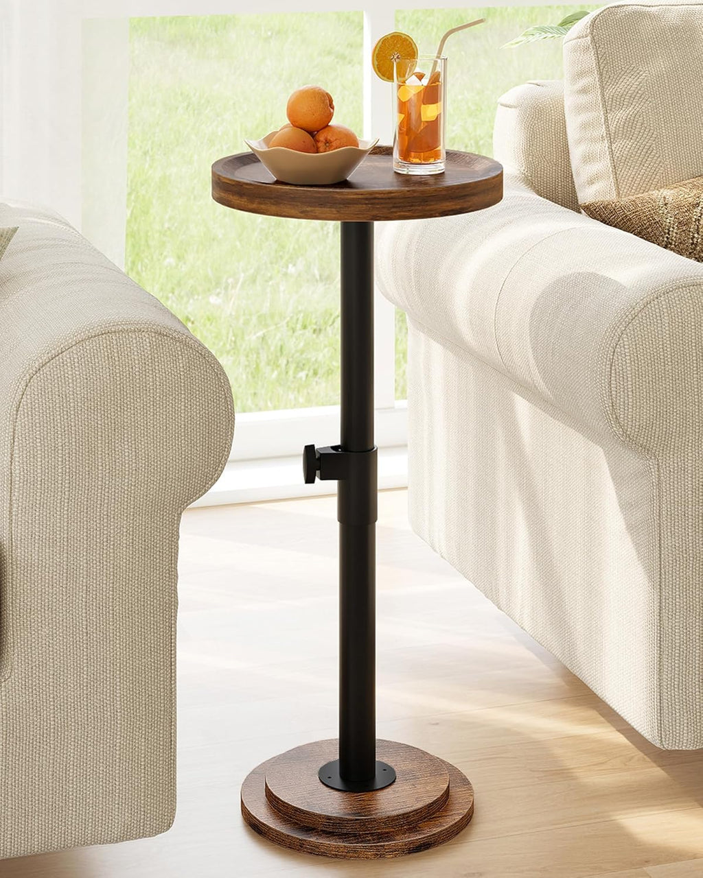 CHOEZON Height Adjustable Drink Table, Small Round Side Table, Pedestal Martini Table with Thickened Base, for Small Space, Sofa, Couch, Living Room, Bedroom, Rustic Brown and Black TBZ31BF