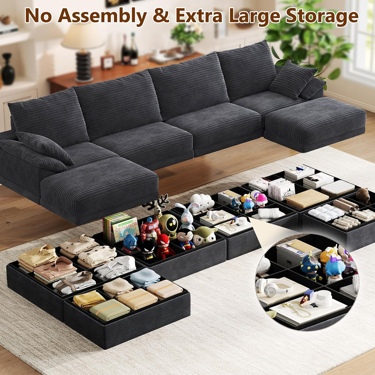 142" Modular Sectional Sofa Couch with Storage,U-Shape 4 Seat Comfy Modern Couch Sofa with Chaise, 27" Deep Seat Corduroy Sofa for Living Room, Tool-Free Assembly - Dark Grey