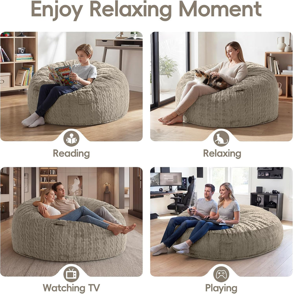 Large Bean Bag Chairs 3FT Big Adults BeanBag Chairs with Filler Memory Foam | Luxurious Braided Fabric,Washable Removable Cover,Comfy Bean Bag with Filling Lounging Gaming Bedroom Dorm Room | Brown 3FT