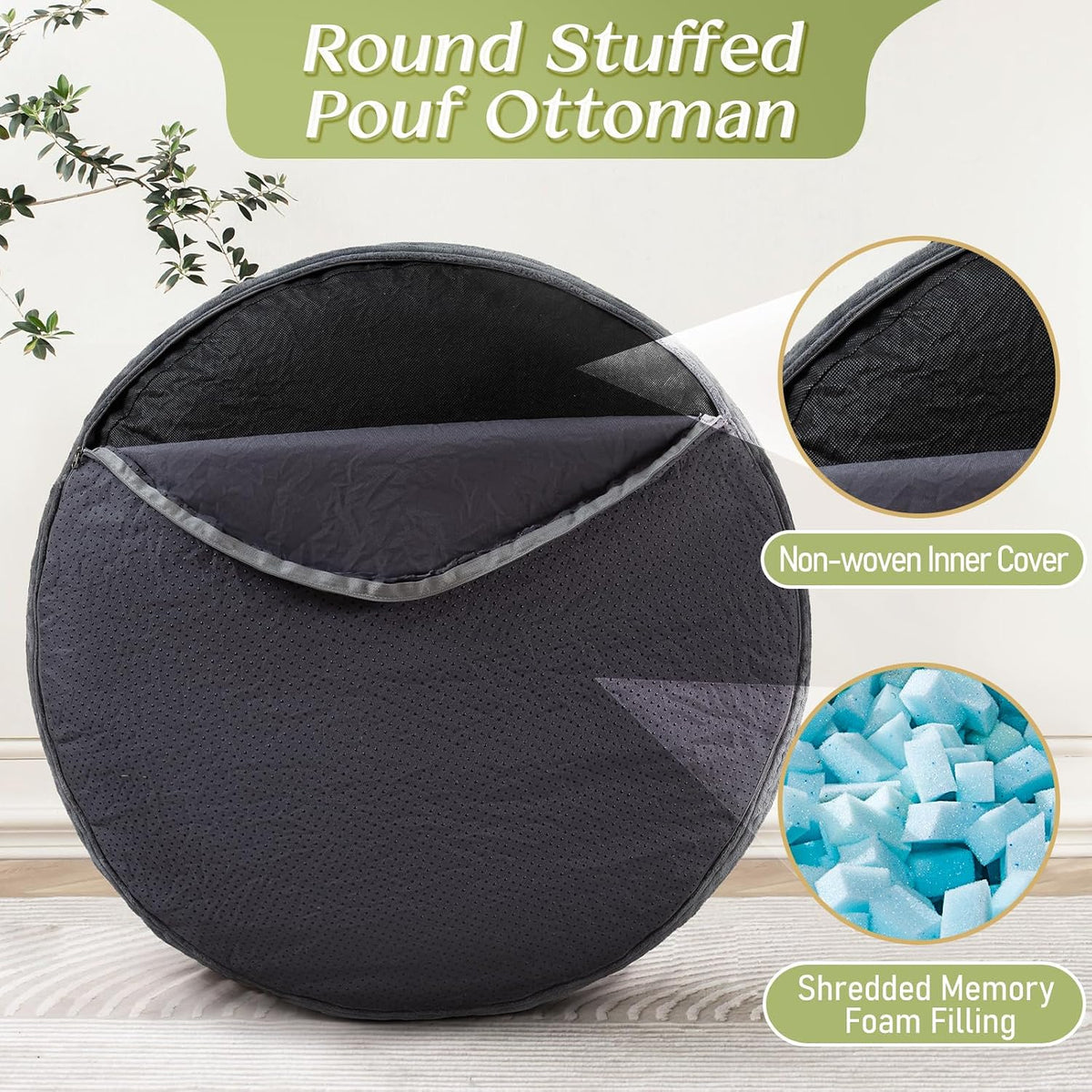 Round Corduroy Footstool Pouf for Couch | Soft plush shredded foam filled hassock stool. Perfect for living room use as foot rest or ottoman.