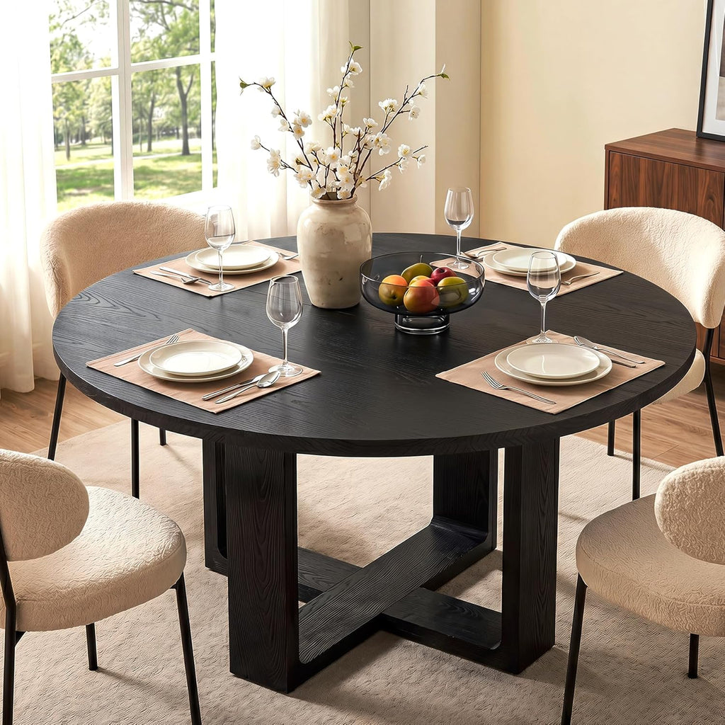 47.24" Black Round Dining Table for 4–6 People, Solid Wood Kitchen Table with 1.18" Thick Wooden Tabletop & Stable Cross-Shaped Base for Dining Room, Pure Black