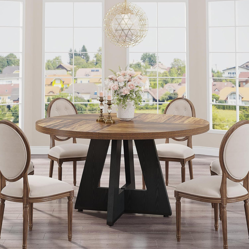 Tribesigns 47 inch Round Dining Table Wood Kitchen Table for Dining Room, 47" Dinner Room Tables for 4-6, Farmhouse Accent Furniture with Wooden Tabletop and Cross Base, Rustic+Black