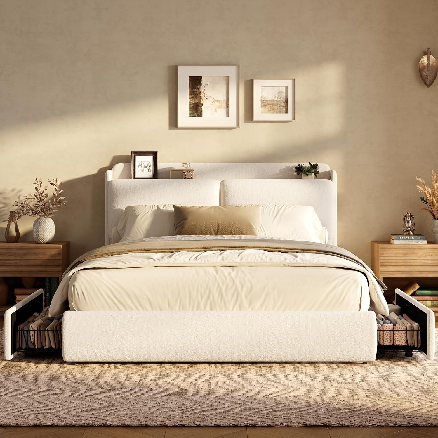 Garvee Chenille Fabric Queen Size Bed Frame with 2 Storage Drawers - Beige