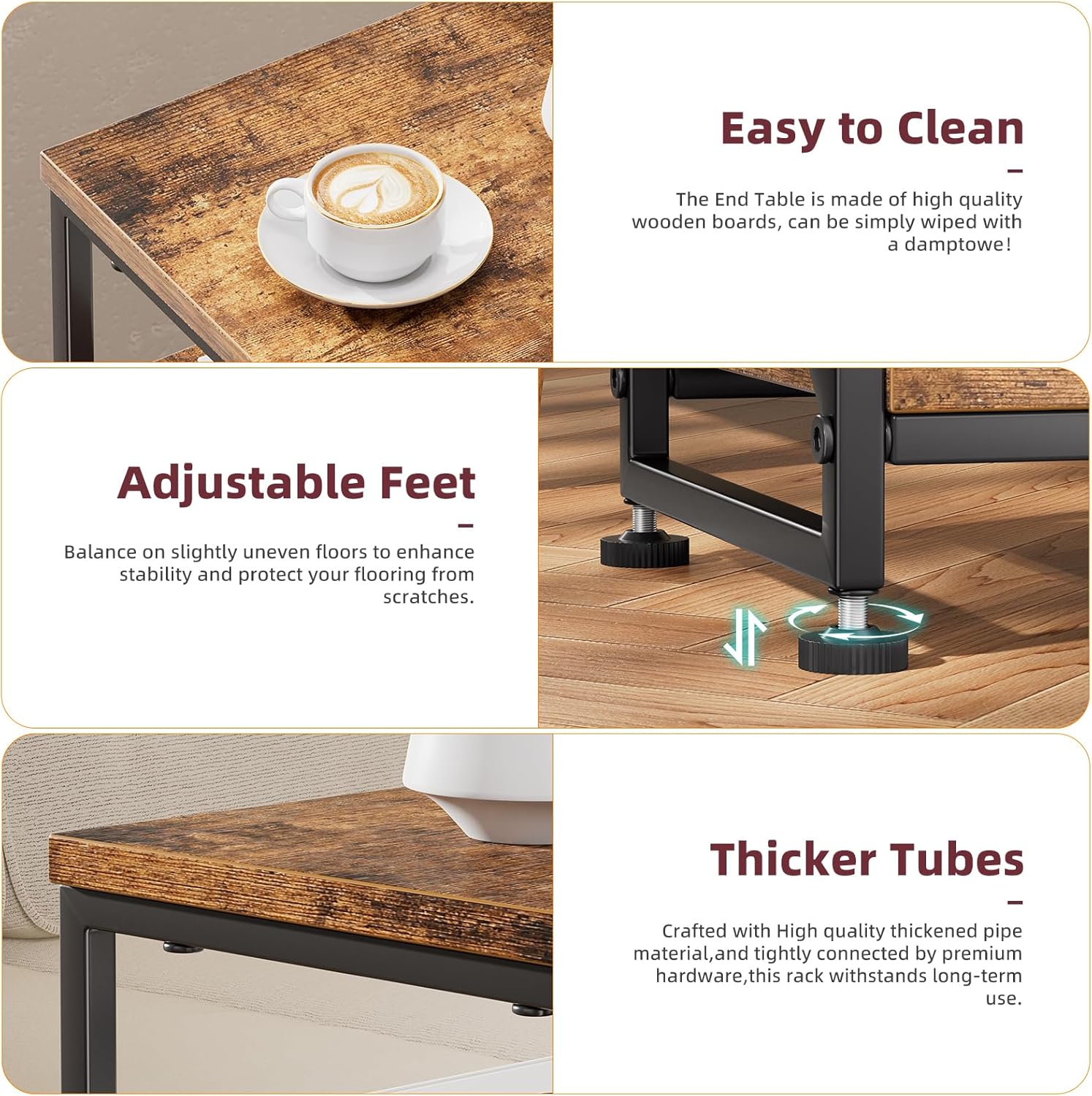 Simple Trending Side Table, End Table with 3 Tiers Open Shelves, Bedside Table for Sofa Couch, Nightstand, Living Room, Bedroom, Rustic Brown