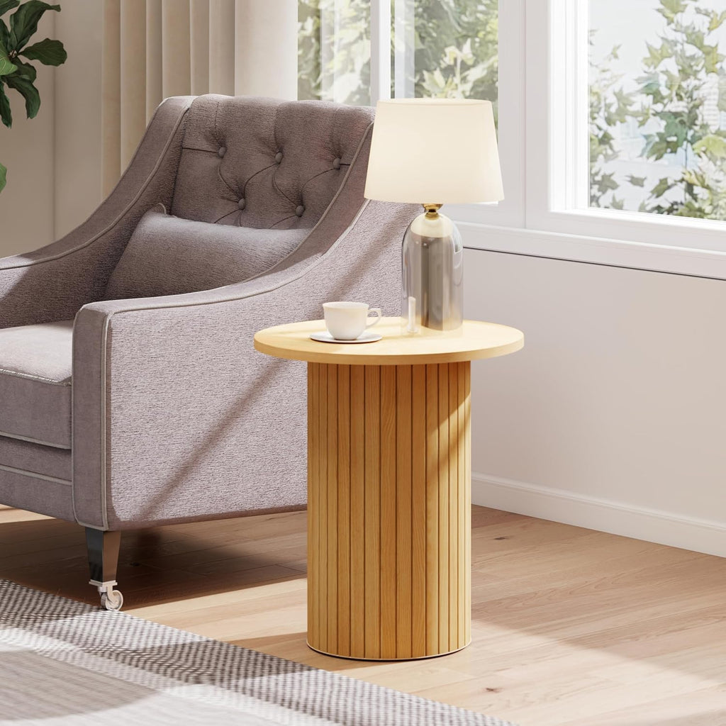 Small Round Side Table, Fluted Drum Pedestal End Table, Wood Plant Stand for Small Spaces, Modern Home, Bedroom, and Living Room Desk Furniture, Nature