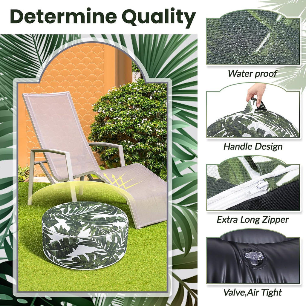 Cinnvoice 2 Pcs Inflatable Outdoor Ottoman Pouf Waterproof Round Footrest with Handle D21 x H9 Inch Indoor Outdoor Portable Footstool for Patio Garden Camping or Home Pool(Leaf)