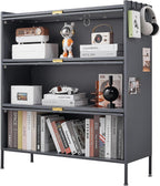 3 Tier Pantry Storage Cabinet with PC Glass Doors Baker Rack Kitchen Storage Cabinet Freestanding Microwave Stand with Adjustable Shelves Multi-Purpose Organizer for Kitchen Dining Room Black