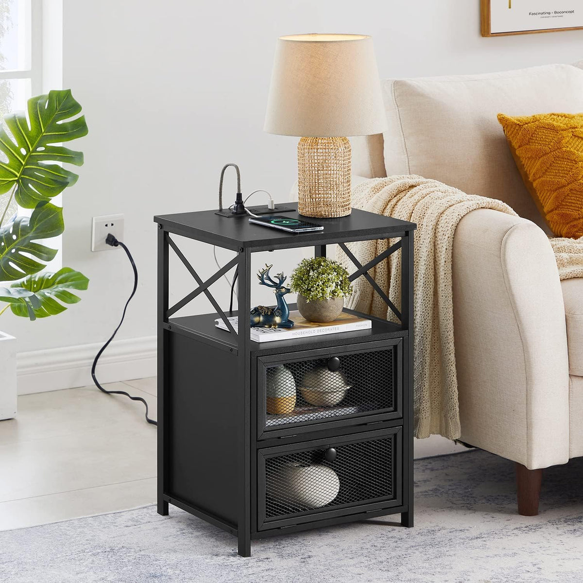 VECELO Black End Table with USB Ports and Outlets,24 Inch Nightstands with Charging Station and Storage Shelf for Bedroom,Living Room, 1 Set