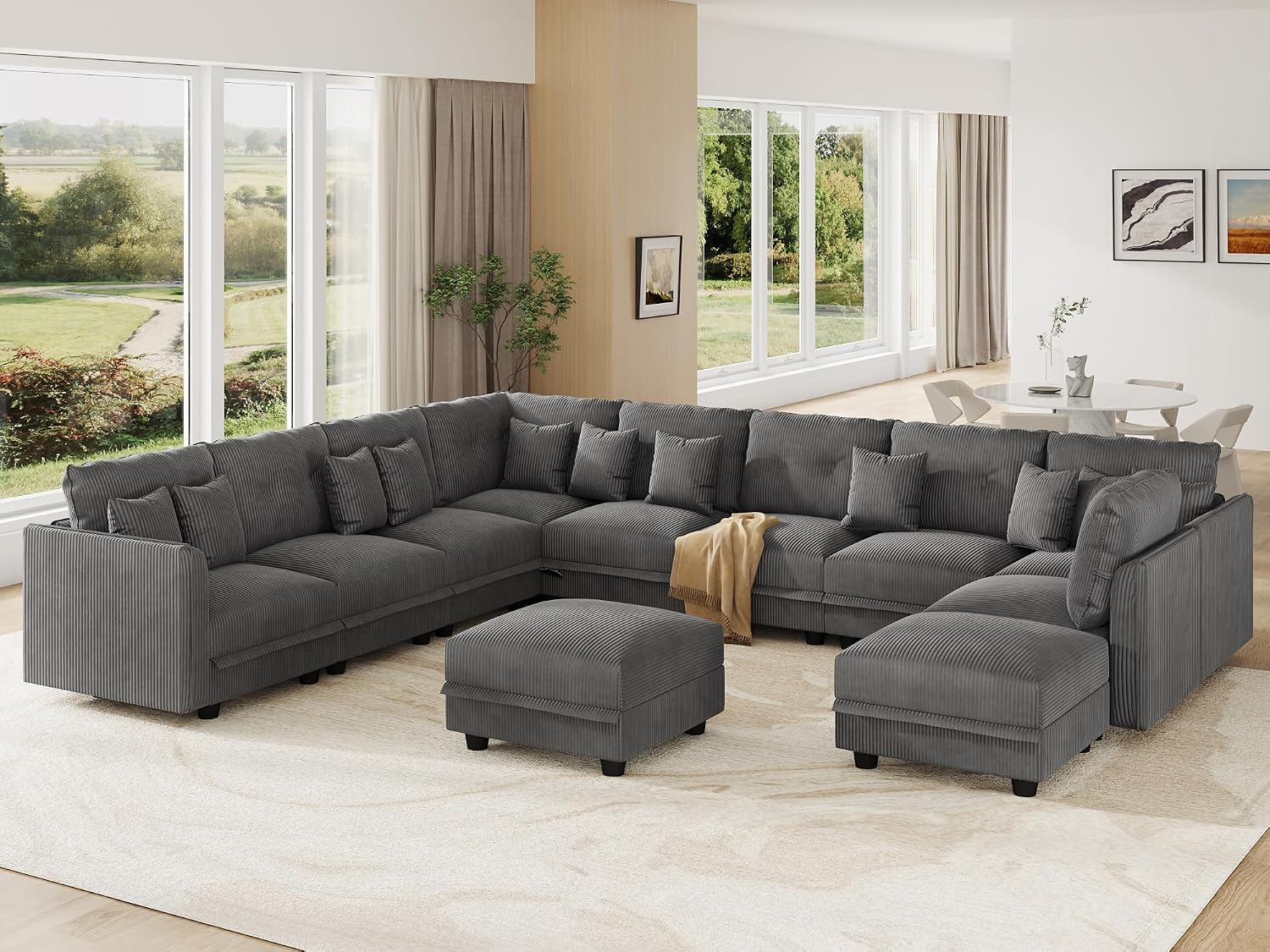 LLappuil 11-Seat Modular Sectional Sofa with Storage, Oversized V-Shaped Corduroy Couch with 10 Throw Pillows, Pet-Friendly Convertible Pit Sofa for Large Living Room, Skin-Friendly, Grey
