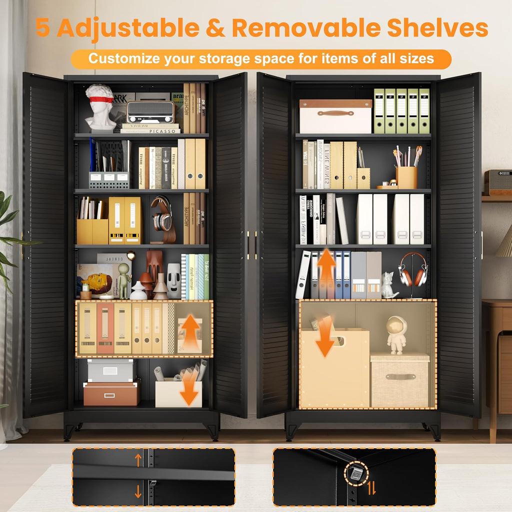 75" Metal Pantry Cabinet,Kitchen Storage Cabinet with Shelves | Louvered Metal Storage Cabinet,Adjustable Shelves,Gold Handles,Leveling Feet,Anti-tipping,for Garage/Kitchen Black