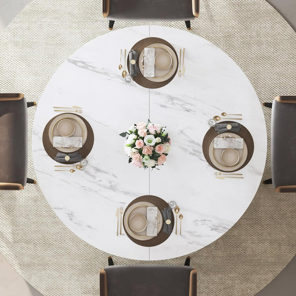 IBF 47" Round Dining Table with Storage, White Faux Marble Kitchen Tables for 4-6 People, Modern Dining Room Table with Fridge Space, Wood Circle Dinner Tables for Home, White Marble, Only Table