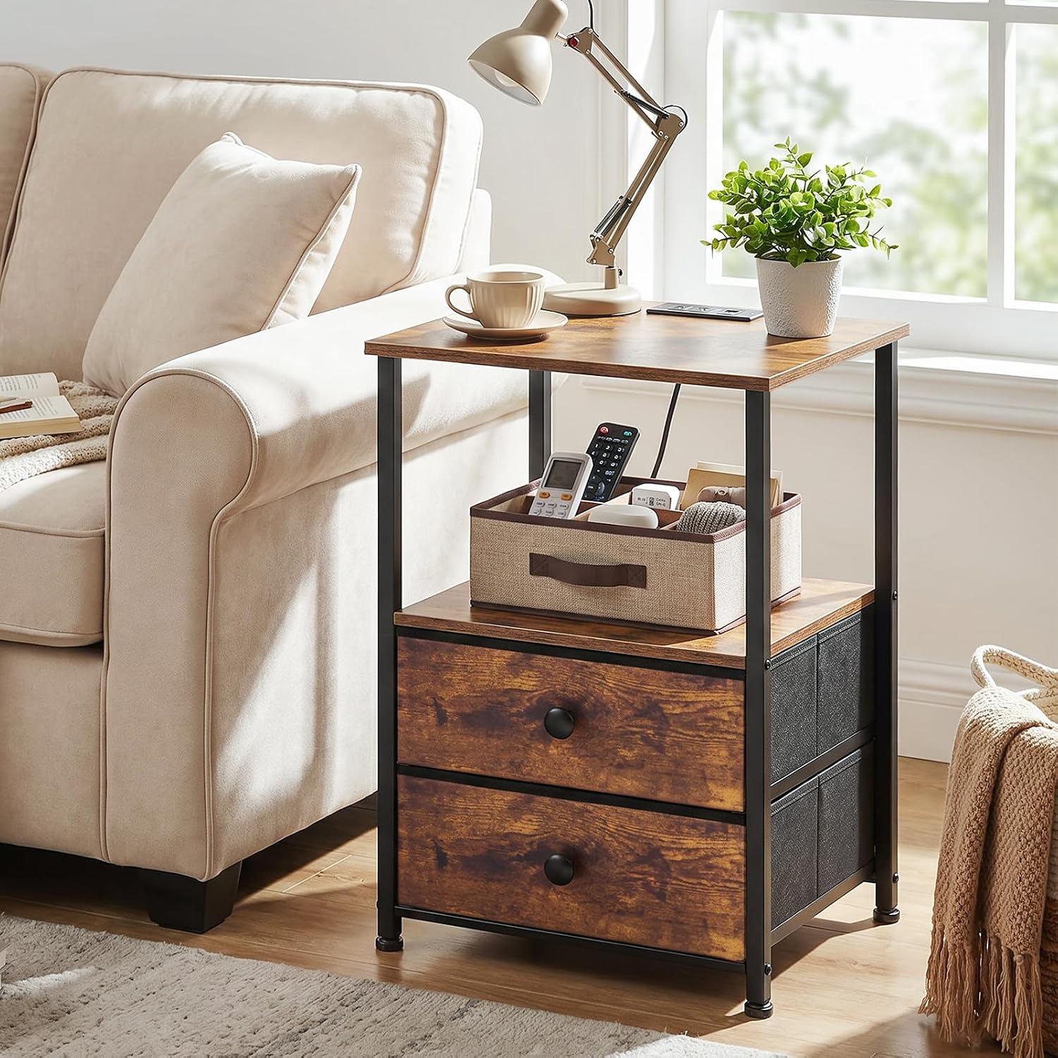 LOAKEKEL Night Stand, Nightstands Set of 2 with Charging Station | Bedside Table with 2 Fabric Drawers for Bedroom, End Tables with Storage Shelf for Small Spaces, Rustic Brown