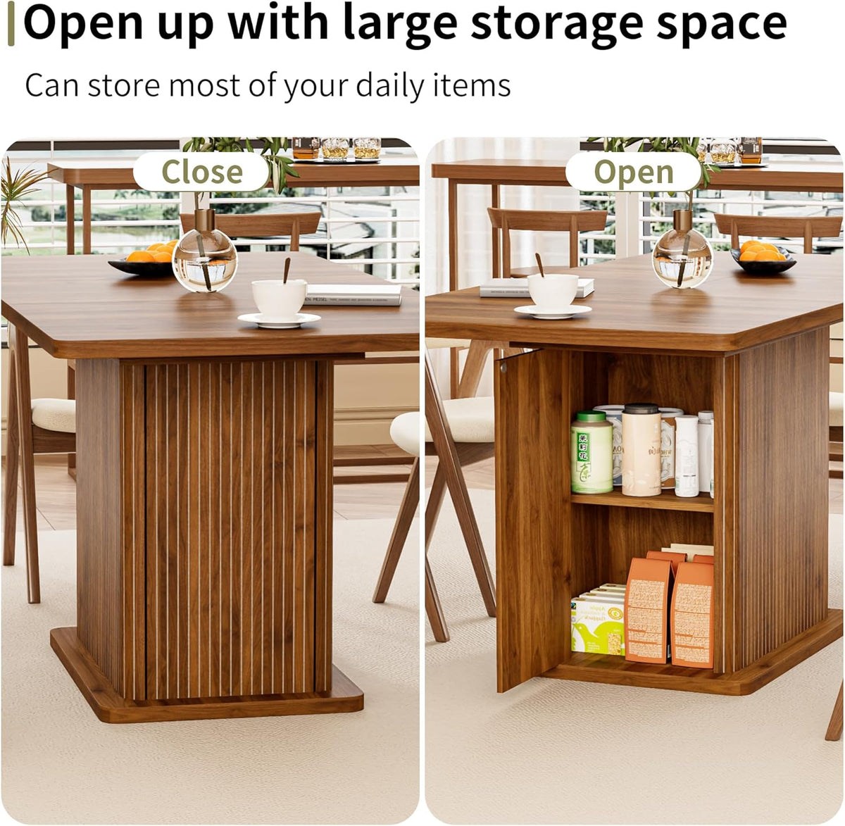 Extendable Kitchen Dining Table for 4-6, 47-65 Inch Rectangle Dining Room Table with 2 Doors, Large Storage, Mid Century Modern Dinner Furniture, Living Room, Space Saving, Square, Fluted, Walnut