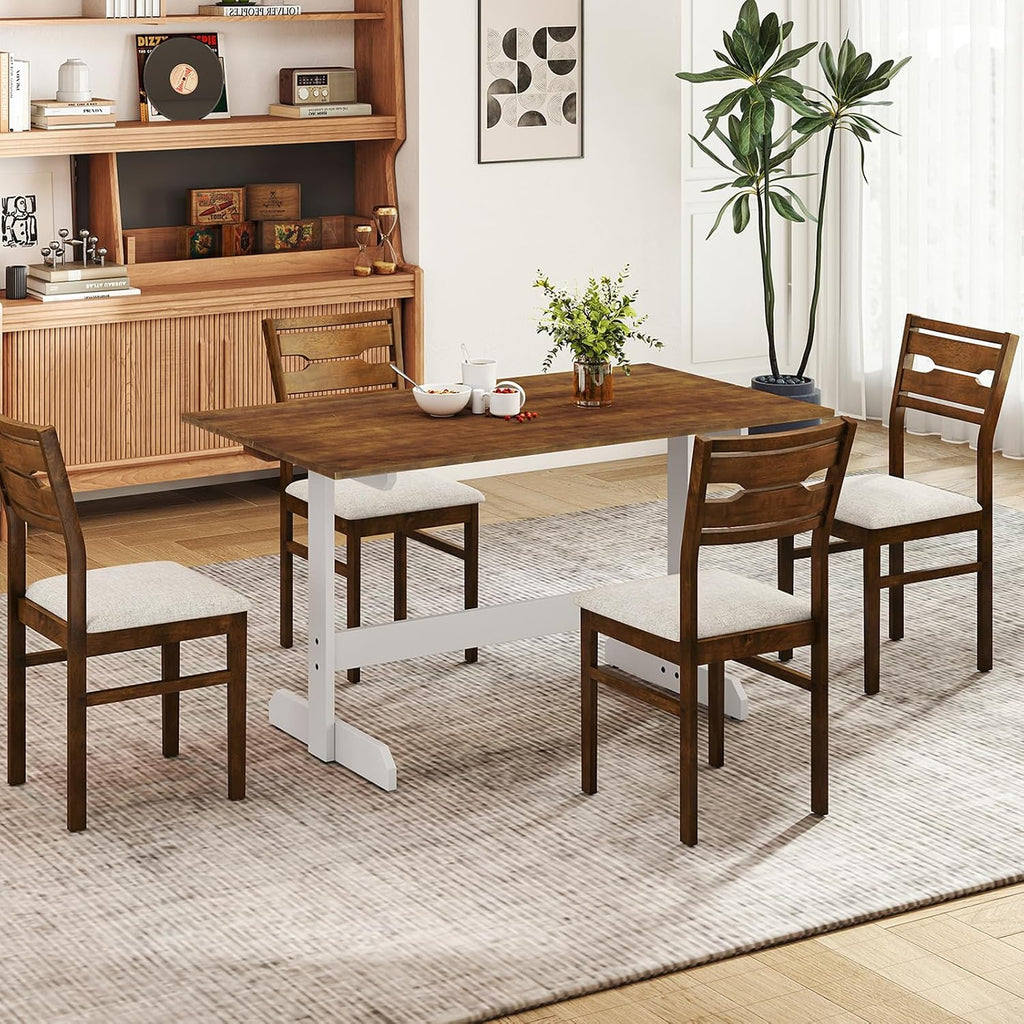 Tangkula 55 Inch Dining Table for 4-6 People, Rectangular Kitchen Table with Solid Wood Trestle Base, Large Farmhouse Modern Diner Table for Home Dining Room Living Room