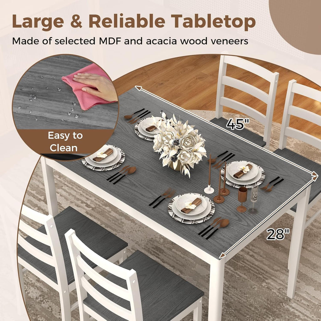 COSTWAY 5-Piece Dining Table Set for 4 w/Rubber Wood Structure, Grey | Spacious Tabletop, Anti-Slip Pads, Rubber Wood Legs, Space-Saving Design for Small Place, Apartment, Studio, Restaurant