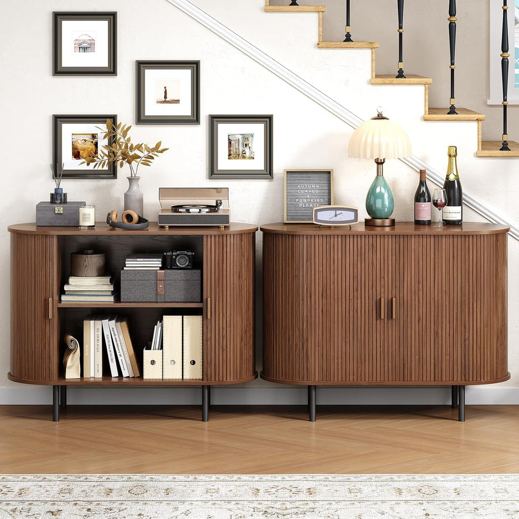 Buffet Cabinet with Storage, Fluted Sideboard Buffet with Sliding Door, Coffee Bar Cabinet with Adjustable Shelf, Console Table, Accent Table for Entryway, Kitchen (Walnut, 40 Inch)