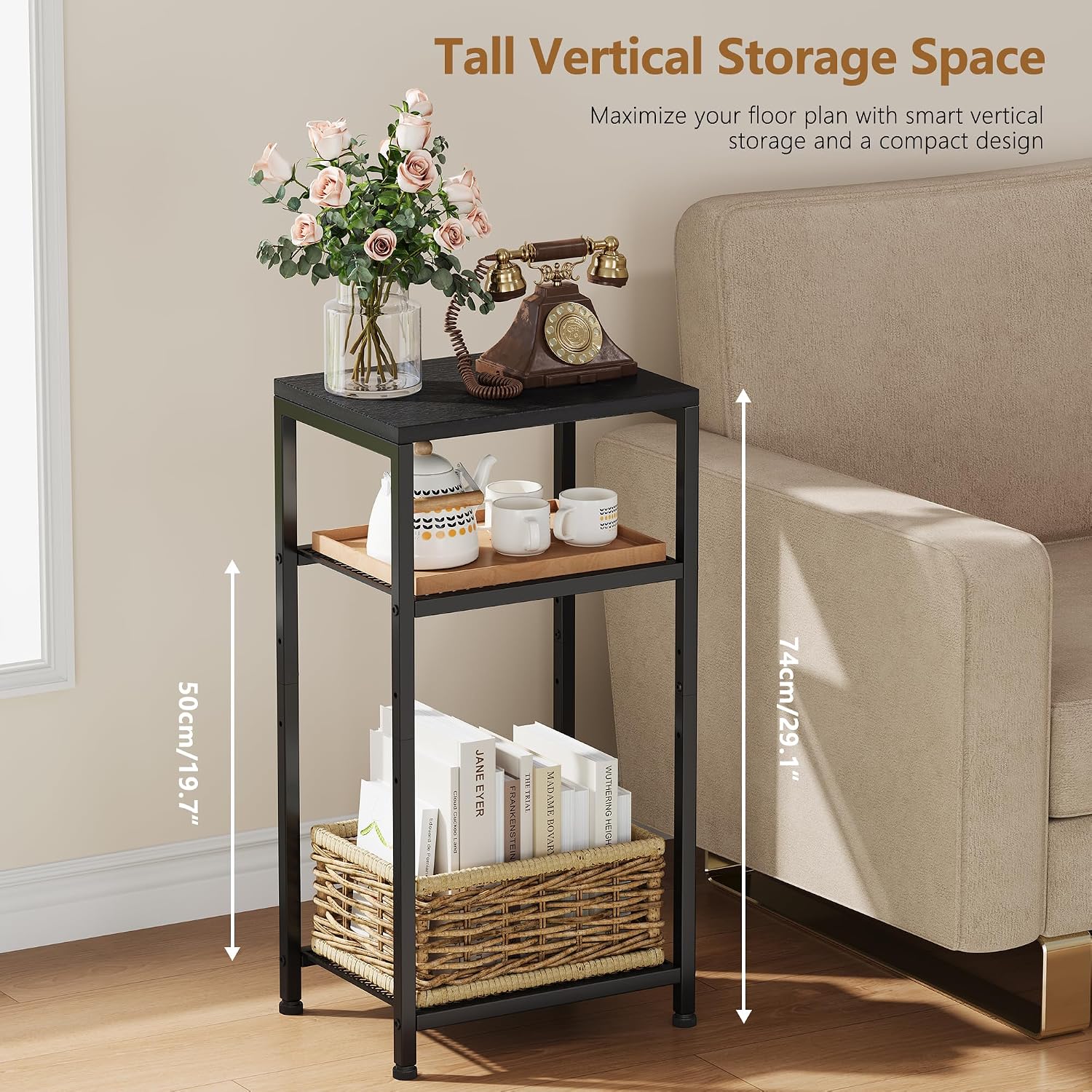 Heybly Small Side Table Set of 2, Tall End Table with Adjustable Shelf, Telephone Table, Nightstand, Accent Table Stand, Small Entryway Table, Bedroom,Living Room, Office,Bathroom, Black, HET003BK2